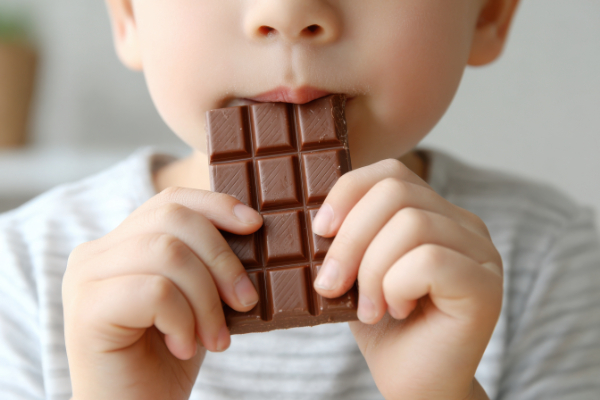間食が多く乳歯が虫歯になりやすい子どものイメージ