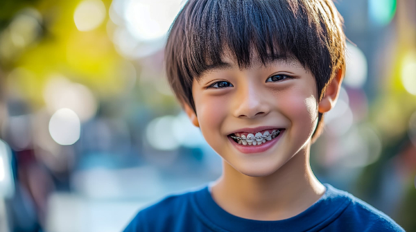 ワイヤー矯正中の少年