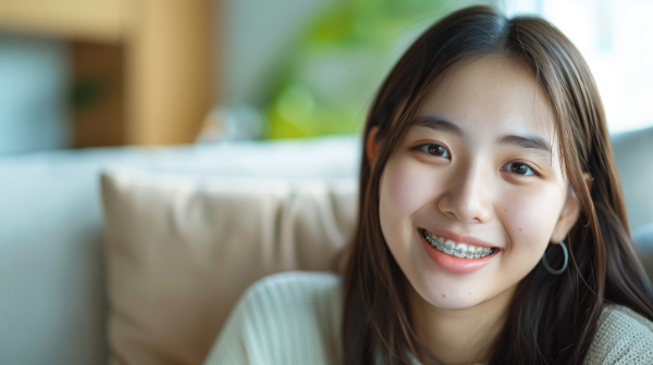 ワイヤー矯正をする笑顔の女性