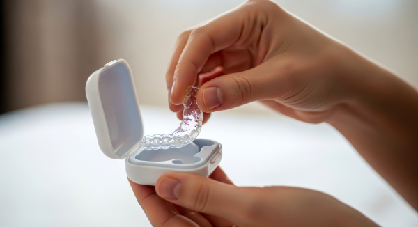 マウスピースが割れるのを防ぐため専用ケースで保管するイメージ